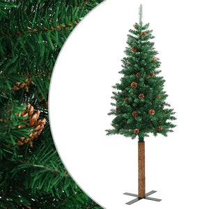Albero di Natale Sottile con Legno Vero e Pigne Verde 210cm PVC