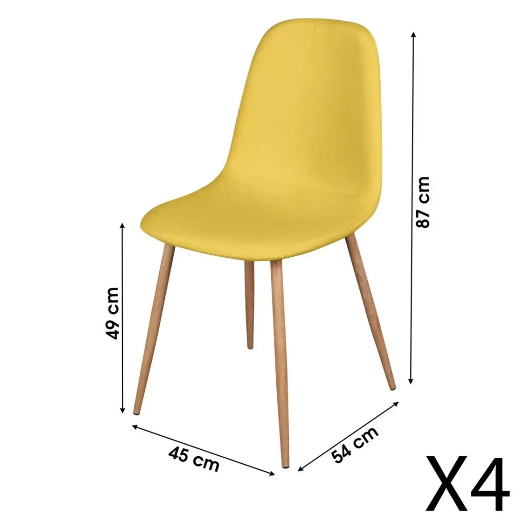 Set di 4 sedie in tessuto giallo senape con gambe in metallo effetto legno – 45x87x54 cm – Collezione NORDICA