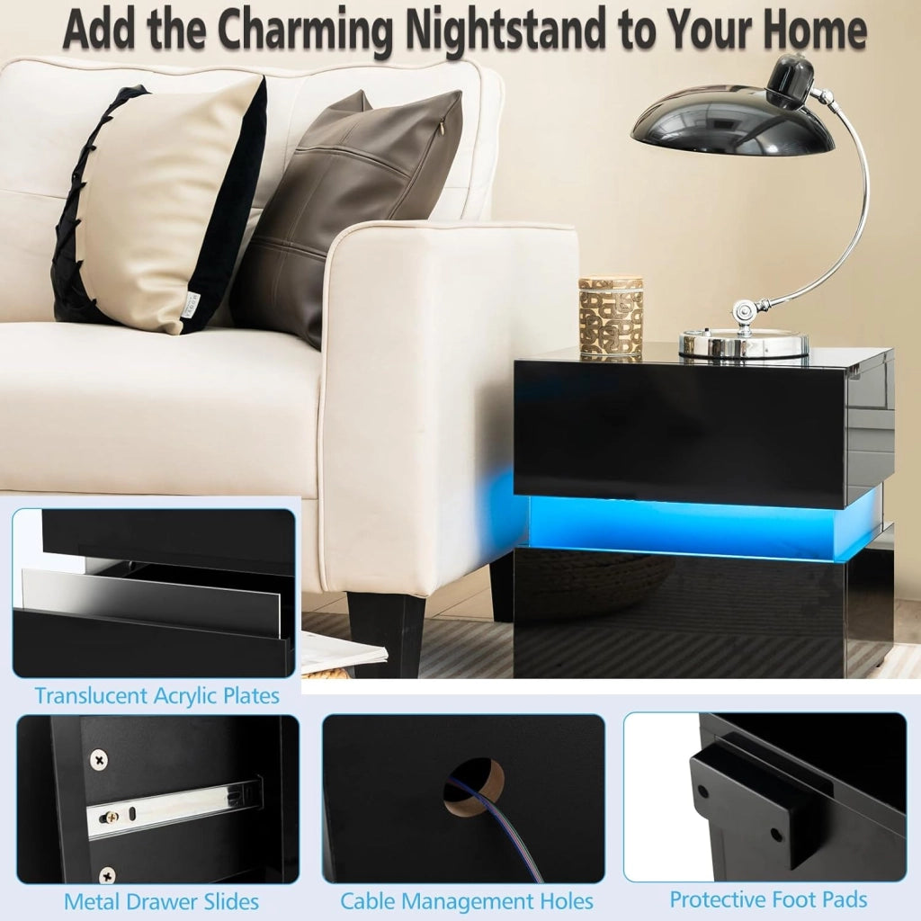 Comodino Camera da Letto con Luce LED, 22 Modalità di Luce, 10 Velocità, 5 Luminosità e Telecomando, Comodino Piccolo con 2 Cassetti,Tavolino Moderno per Soggiorno, Studio (2, Nero)