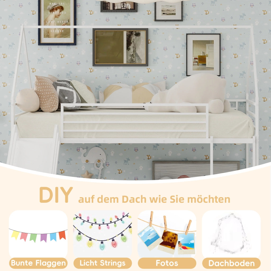 Letto a castello per bambini 90 × 190 cm con scivolo, scala e sponde di sicurezza, senza materasso, in ferro, bianco