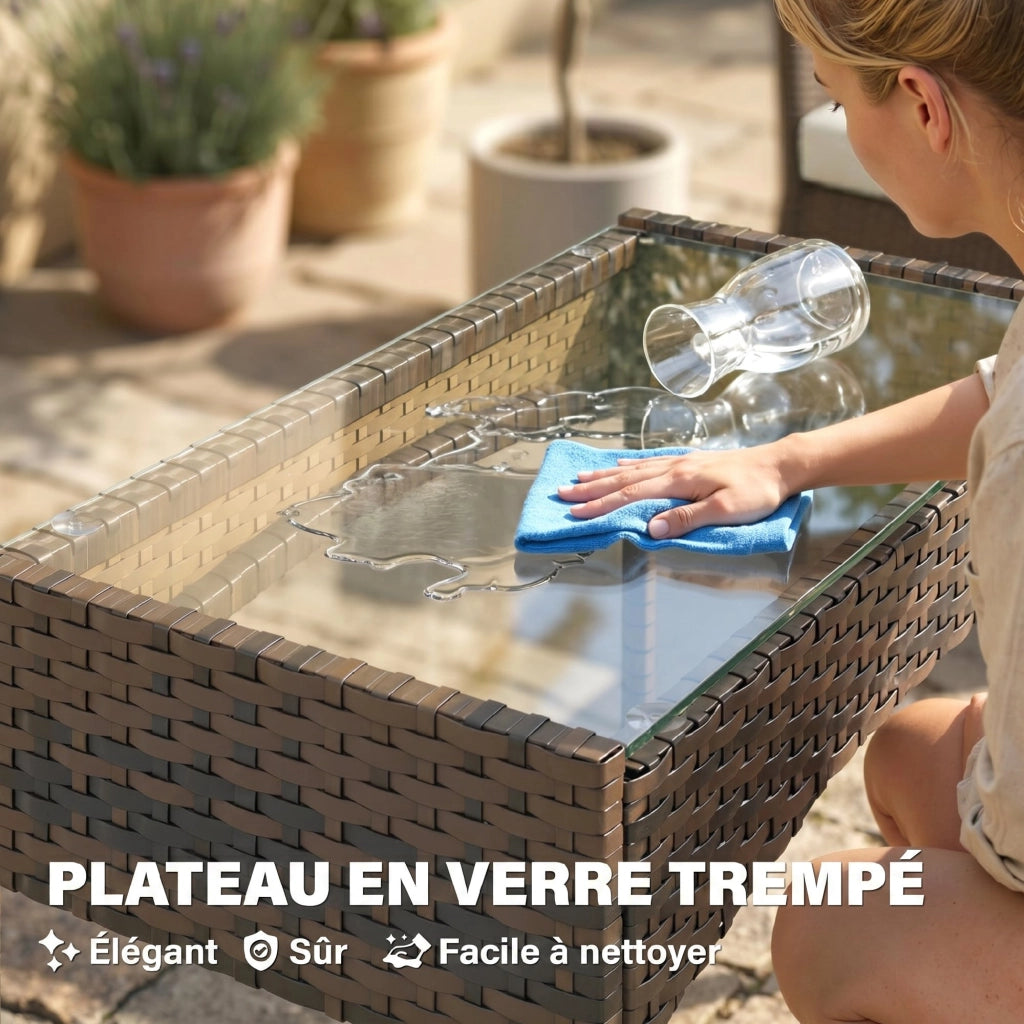 Set da giardino 4 posti in polyrattan con divani e tavolino in vetro ¨C zephmum ¨C beige