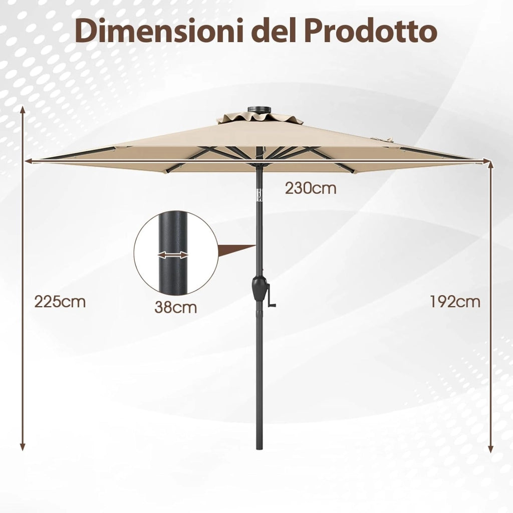 Ombrellone da Giardino 230 cm, Ombrello per Esterni con inclinazione Regolabile, 18 Luci LED, Manovella e Tettuccio Ventilato, Ombrello per Giardino, Cortile, Piscina (Beige)