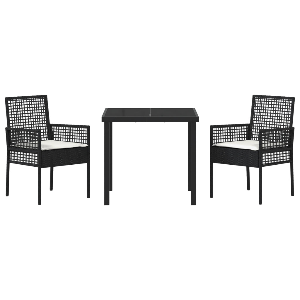 Set da Pranzo Giardino 3 Pezzi con Cuscini Neri in Polyrattan