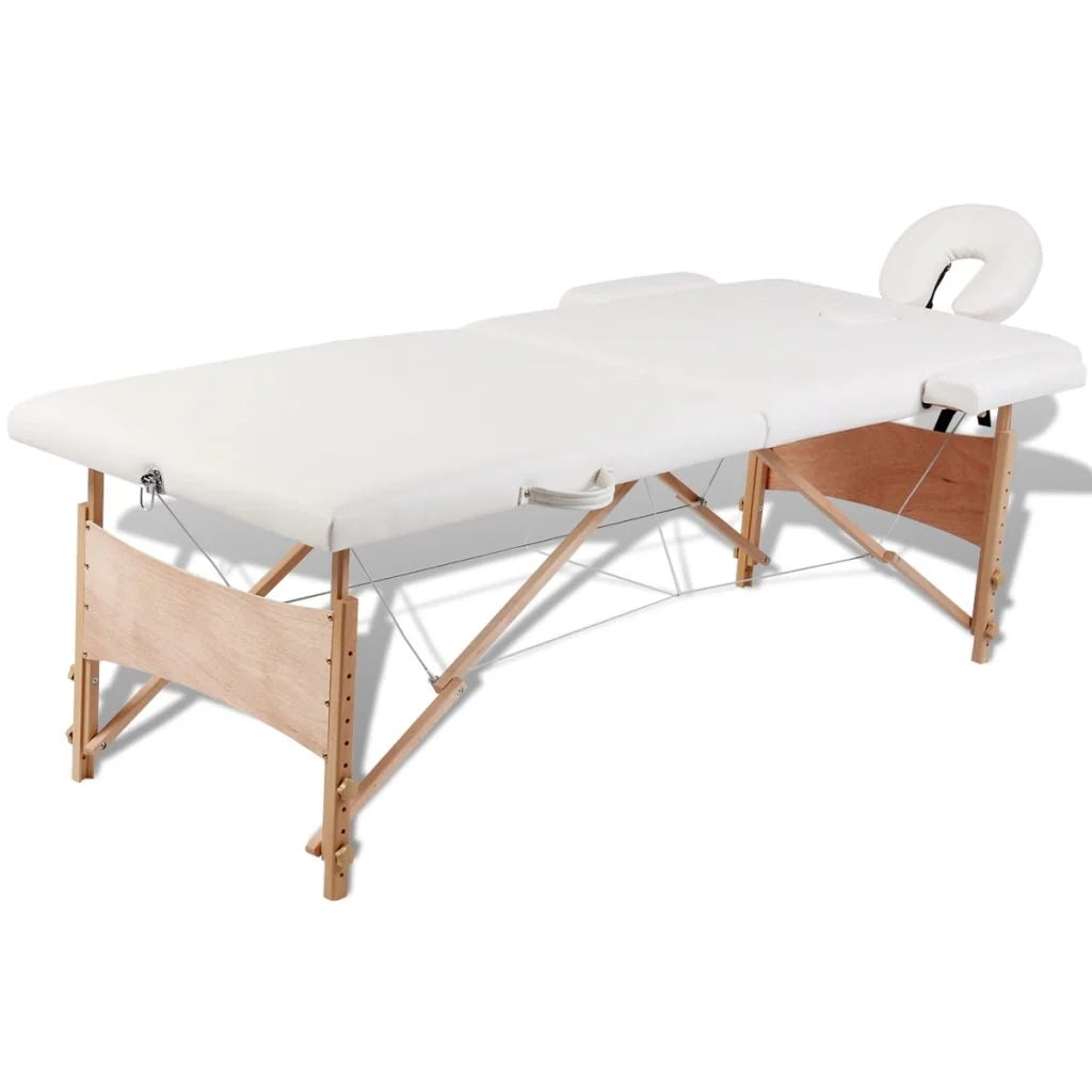 Lettino da massaggio pieghevole bianco a 2 sezioni con struttura in legno color crema 02_0001874
