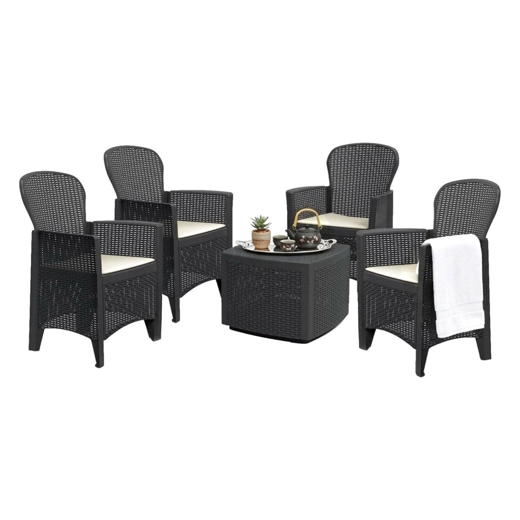 Set salotto da esterno Sulzano, Salottino outdoor o indoor, 4 poltrone con braccioli con un tavolino contenitore, Made in Italy, Antracite