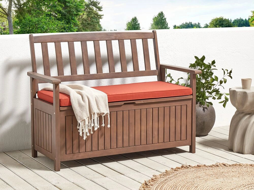 Panca da Esterno con Contenitore in Legno Massello di Acacia 2 Posti 120 cm Colore Scuro e cuscino rosso