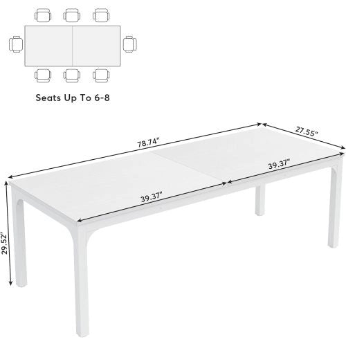 Tavolo rettangolare moderno 200x70 cm, per 6-8 persone, struttura in metallo e MDF bianco