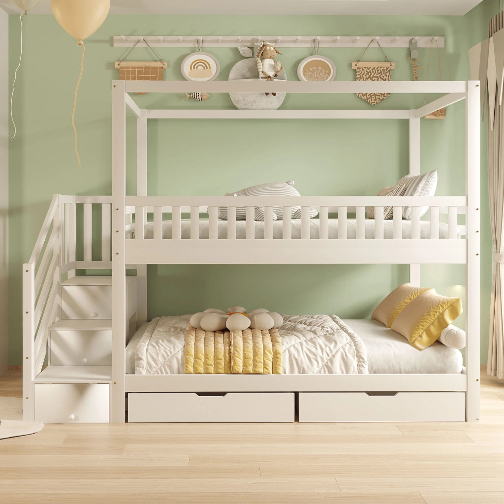 OKWISH Letto a castello 90×200 cm, Letto 2 Posti con Spondine di Sicurezza, Scala con Cassetti e 2 Cassetti, senza Materasso, Bianco