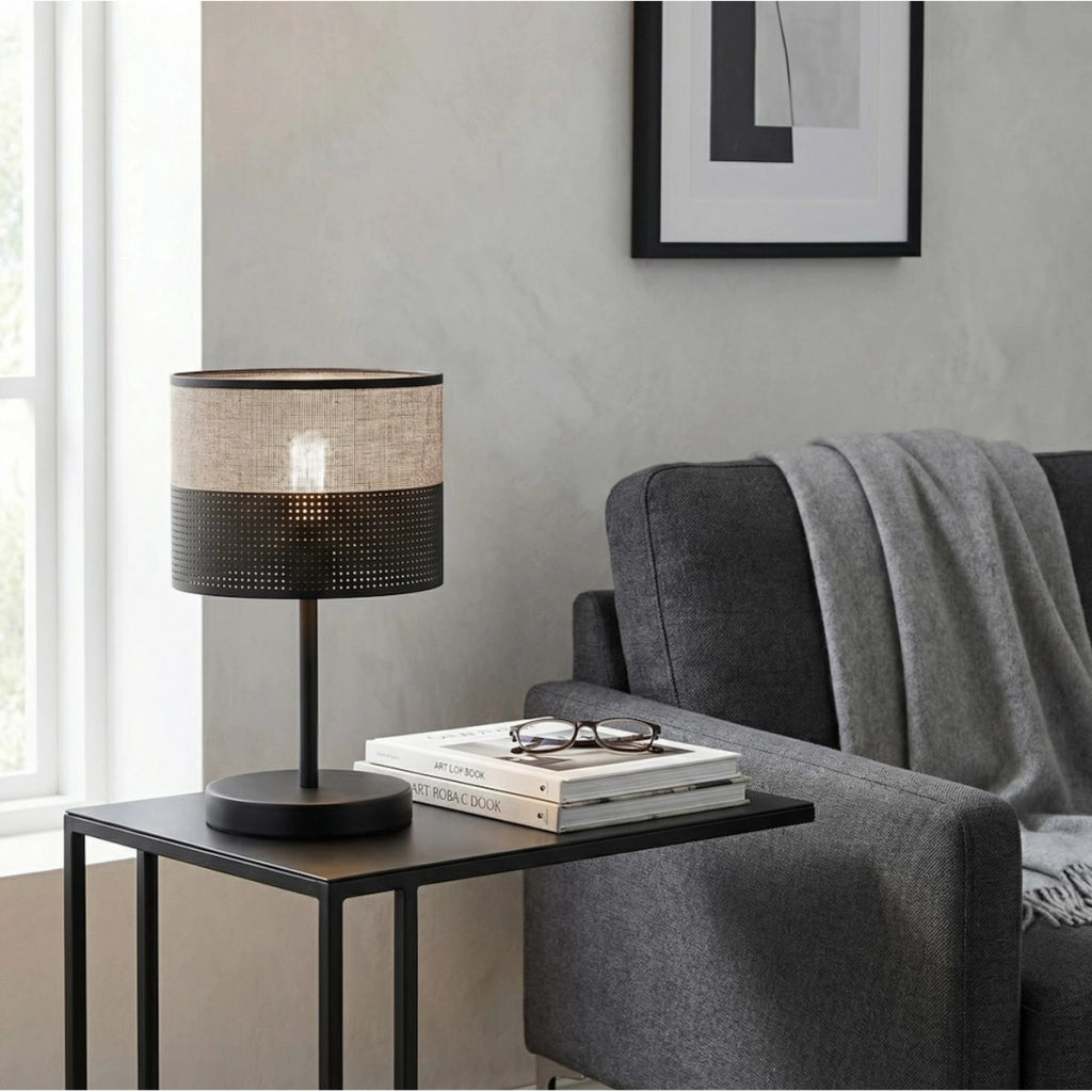 Lampada da tavolo KARBON in acciaio nero e tessuto grigio