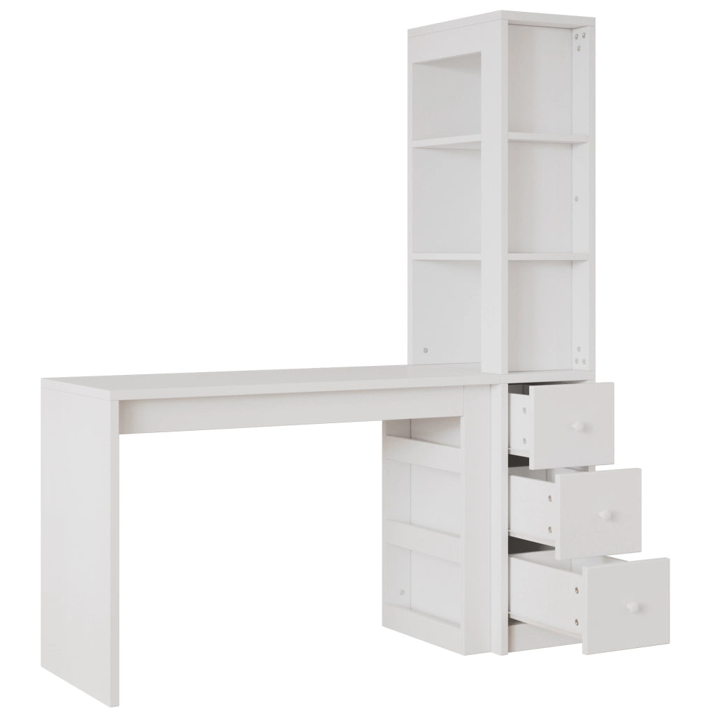 Scrivania con libreria 150x50x180 cm con 3 cassetti e vano laterale in MDF bianco