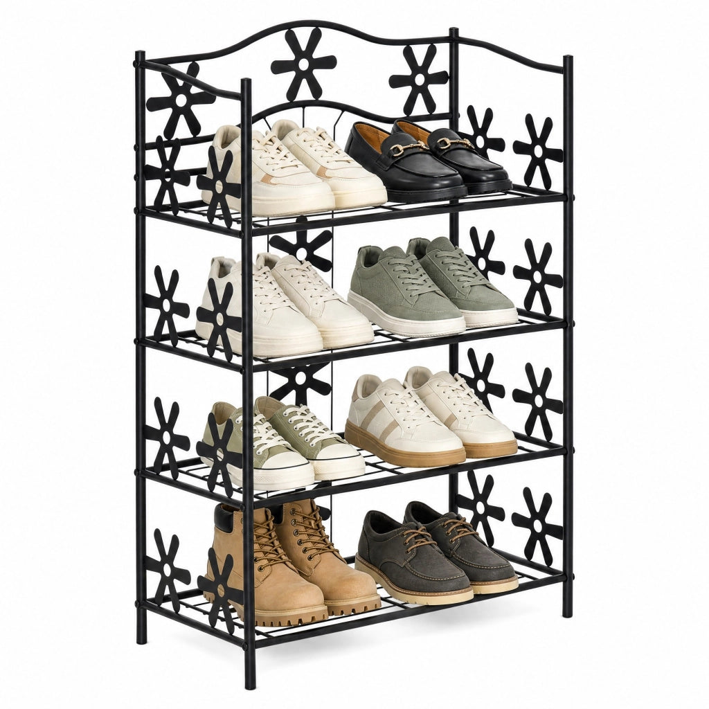 Scaffale in metallo nero a 4 ripiani con decorazioni floreali