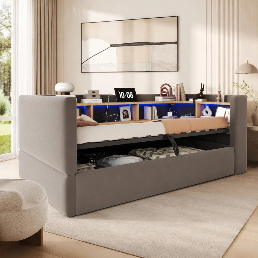 Letto imbottito singolo 90 × 190 cm con contenitore, LED e prese, in flanella, grigio scuro