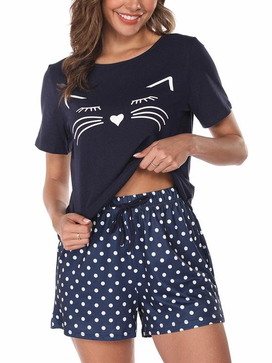 Set da notte per donne a due pezzi in cotone con maniche corte - Stampa allegro e confortevole - Abbigliamento da casa - Piumini morbidi