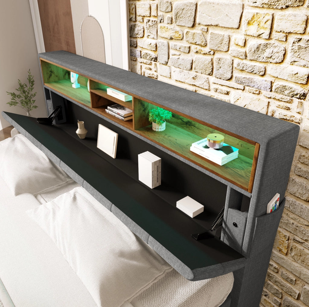 Letto matrimoniale imbottito con testiera contenitore e illuminazione LED, grigio