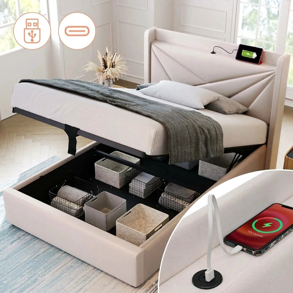 Letto singolo 90x200 con contenitore e prese USB; letto imbottito in lino