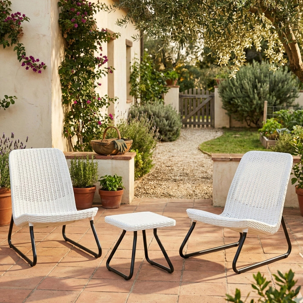 Set salotto da esterno Canmore, Salottino outdoor, Set da balcone o giardino, Composizione soggiorno per esterni, 78x54 h79 cm, Bianco