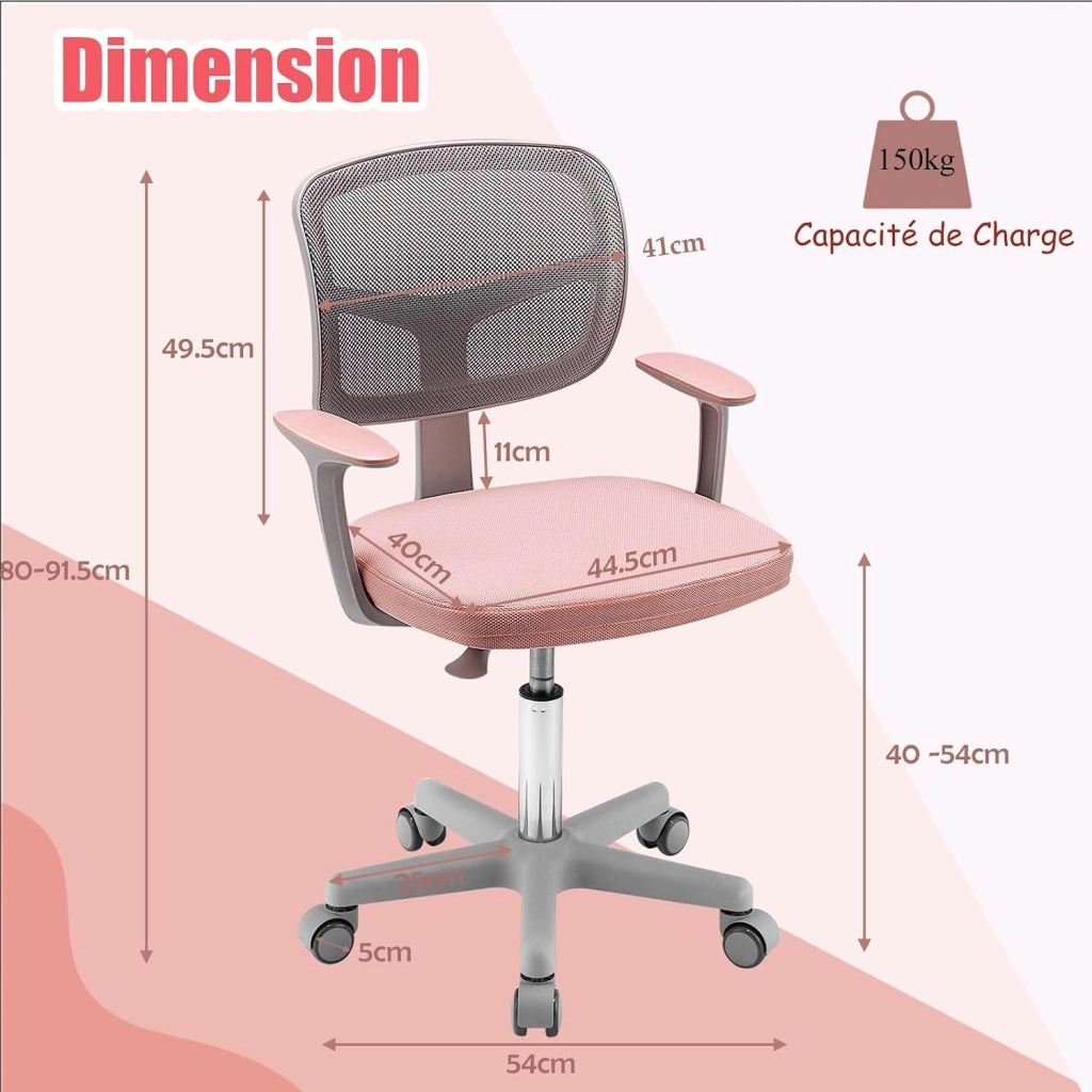 Sedia da scrivania per bambini, girevole a 360°, con seduta regolabile in altezza, 40-54 cm, per bambini, con schienale, braccioli e ruote, per bambini dai 3 ai 10 anni (rosa)