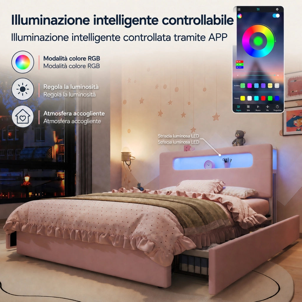 Letto imbottito rosa 140x200 cm con quattro cassetti laterali e LED; velluto