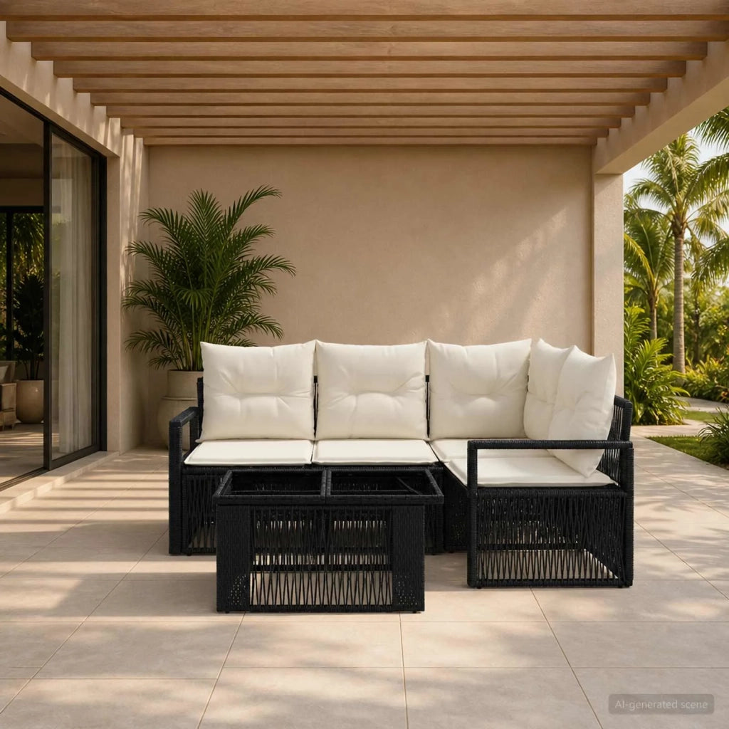Set Divano da Giardino 5 pz Nero e Bianco Crema polyrattan 3437092