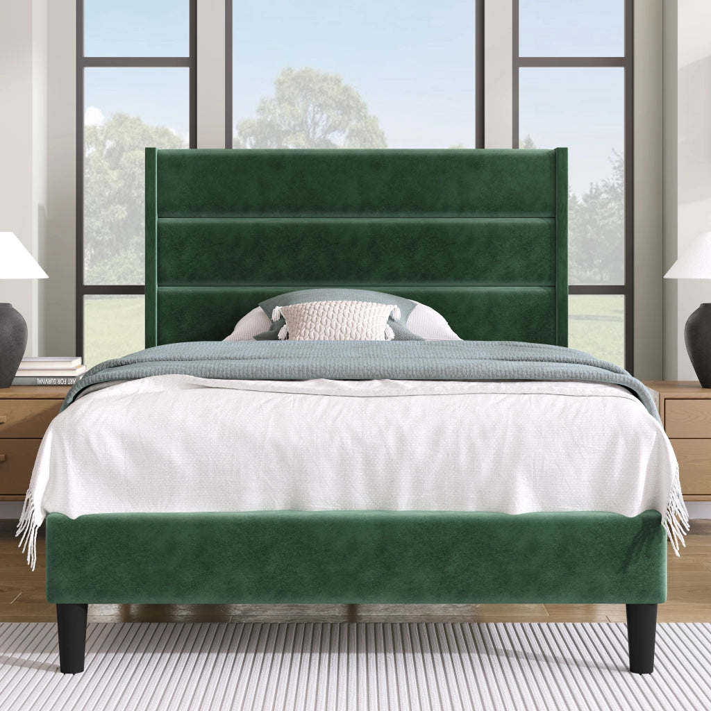 Letto Singolo 90 x 200 cm; 1 Posto con Testiera Imbottita; senza Materasso; in Velluto; Verde Scuro