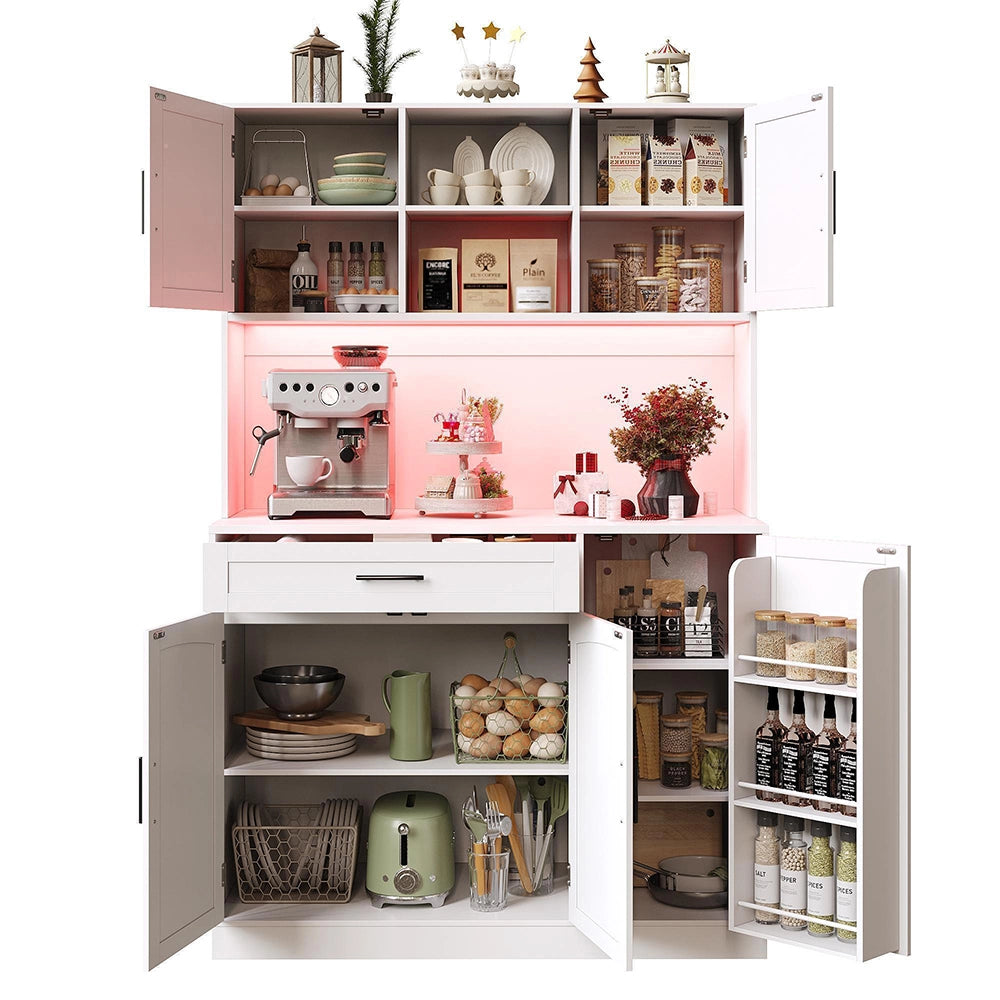 Armadio laterale per cucina - Xylo - 110x38x180cm - Bianco - Stile cottage, 5 porte, LED e presa elettrica