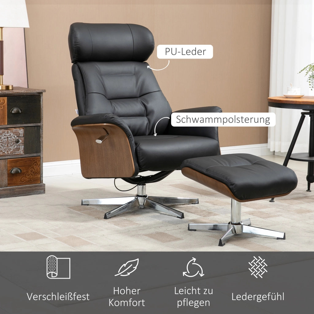 POLTRONA RELAX girevole con pouf in pelle sintetica nera