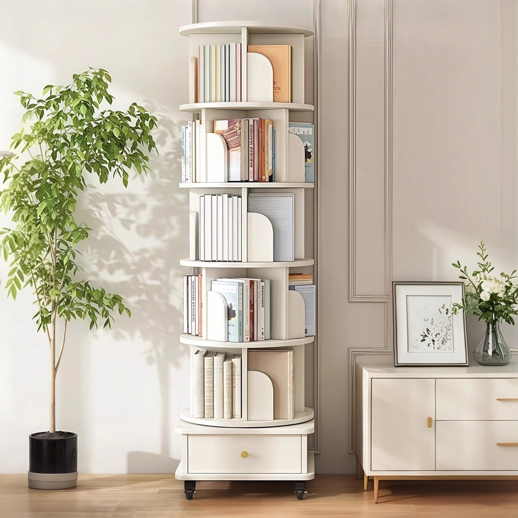 LIBRERIA Girevole 360° con cassetto e ruote Bianca in MDF