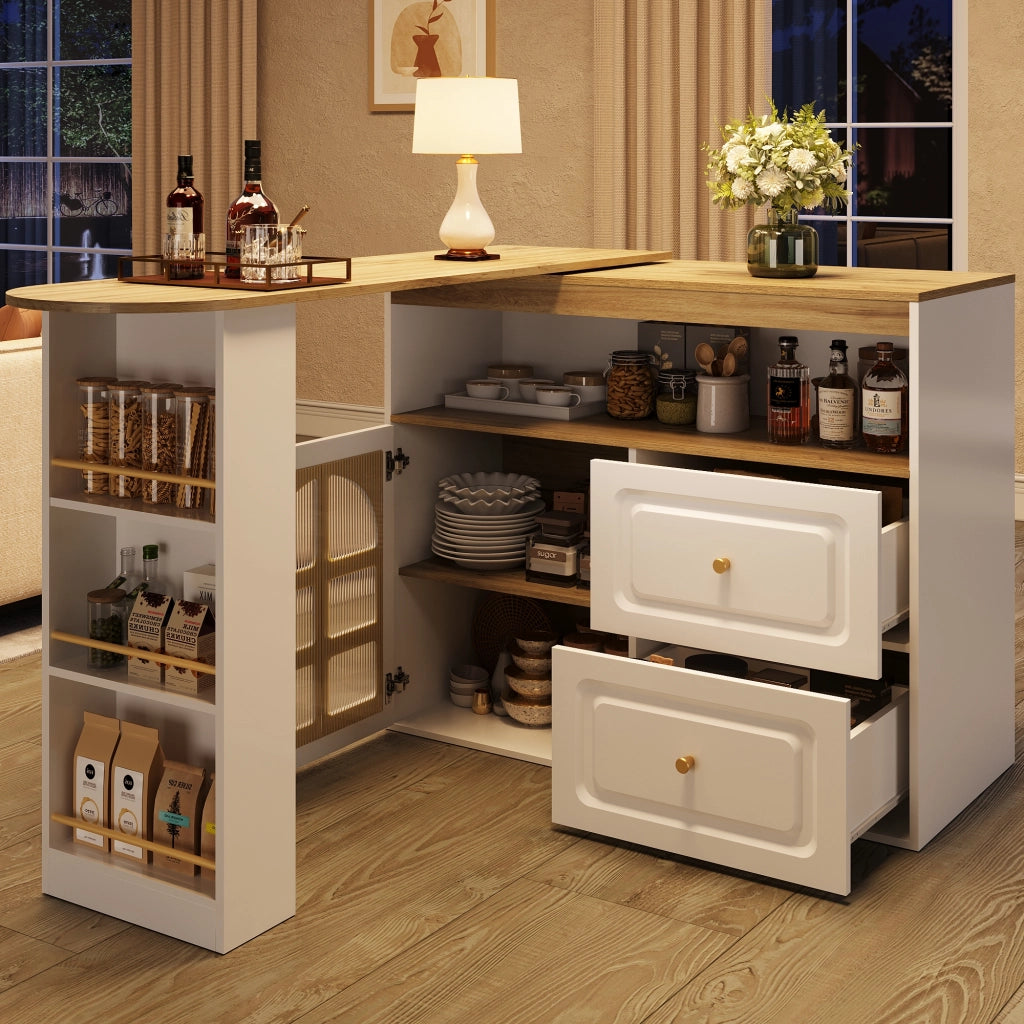 Mobile Bar Girevole con 2 Cassetti; Ripiani e Anta in Vetro Curvo; in MDF; Bianco; 138-204 x 39 x 104 cm