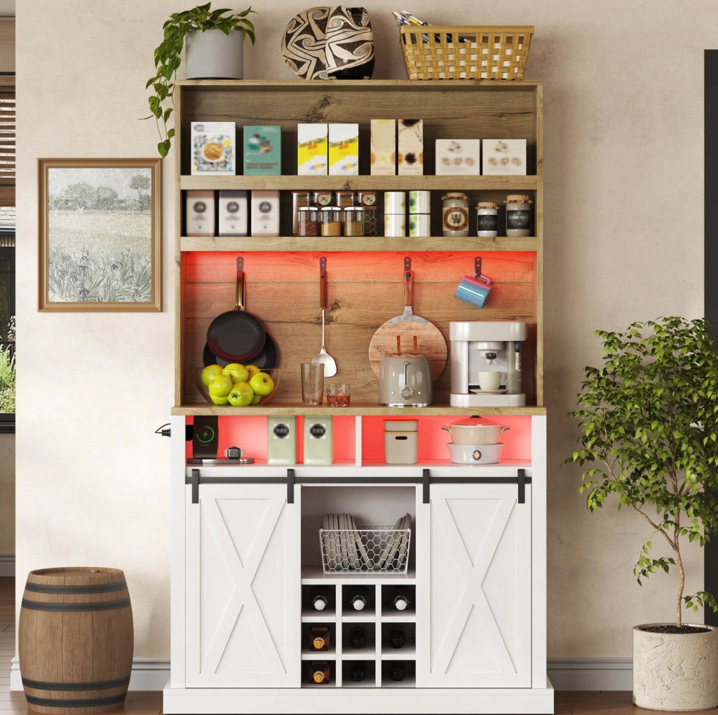 Credenza alta 110x40x191 cm con vetrina; prese USB e LED in MDF naturale e bianco