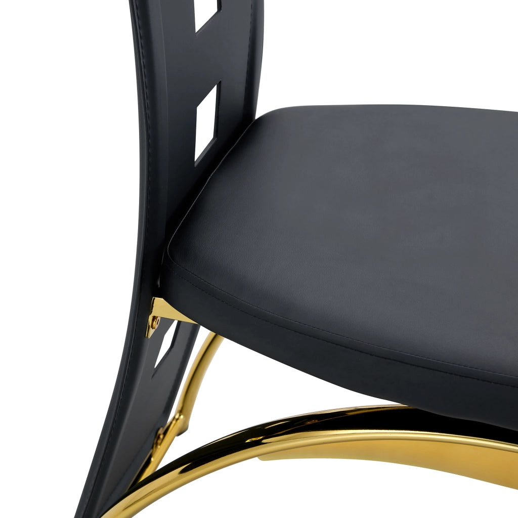 Tavolo da pranzo rotondo in vetro temperato con 2 sedie in PU e metallo, nero e oro, diametro 88 cm