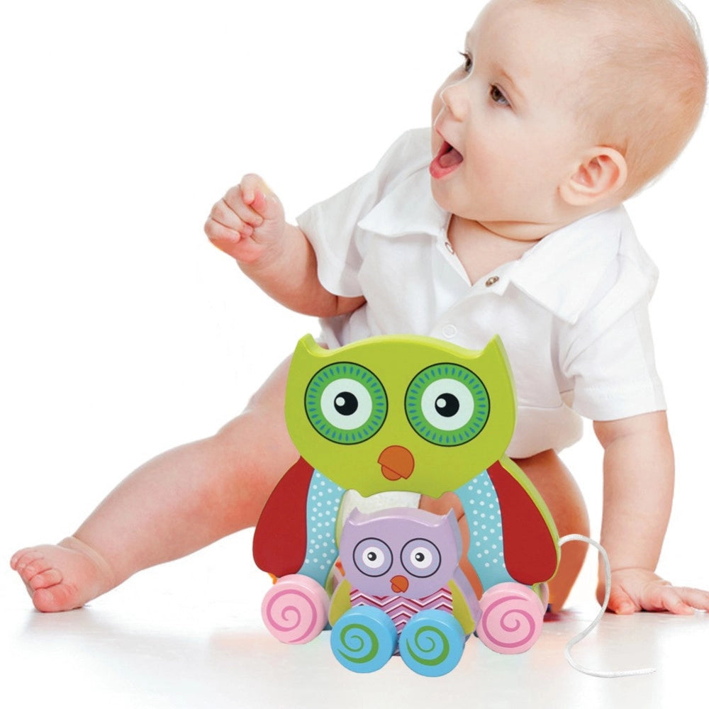 Trade Shop - Gioco Gufetto Legno Trainabile Gufo Giocattolo Per Bambini Da Tirare 18cm Verde -
