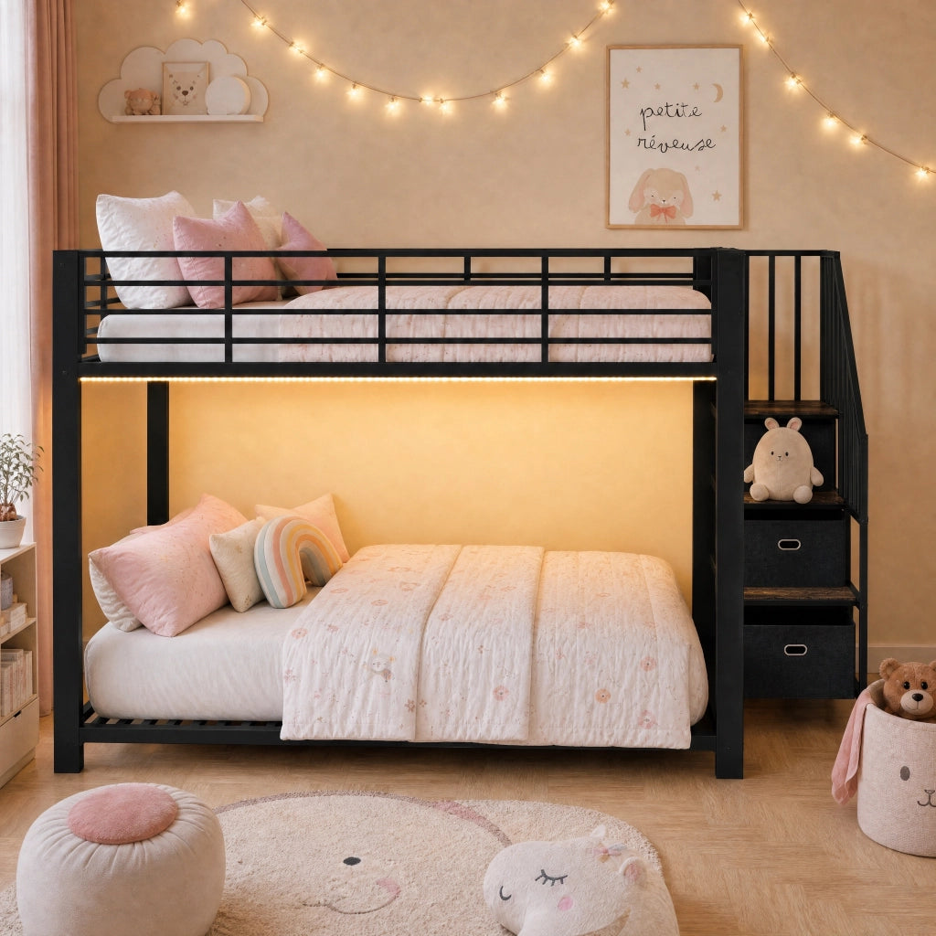 Letto a castello 140x200 cm con scala contenitore e LED in MDF e metallo nero