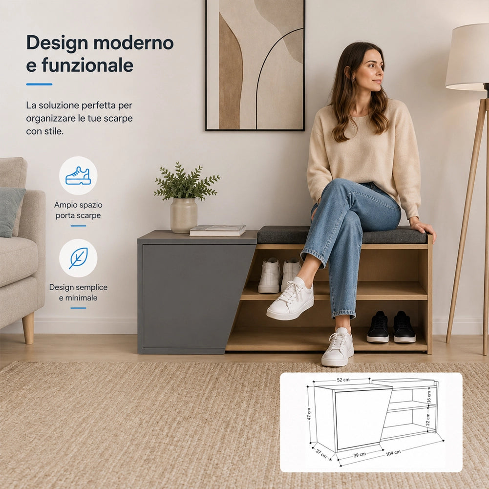 Panca Scarpiera Ingresso Casa 2 Ripiani Porta Scarpe con Anta e Cuscino Grigio