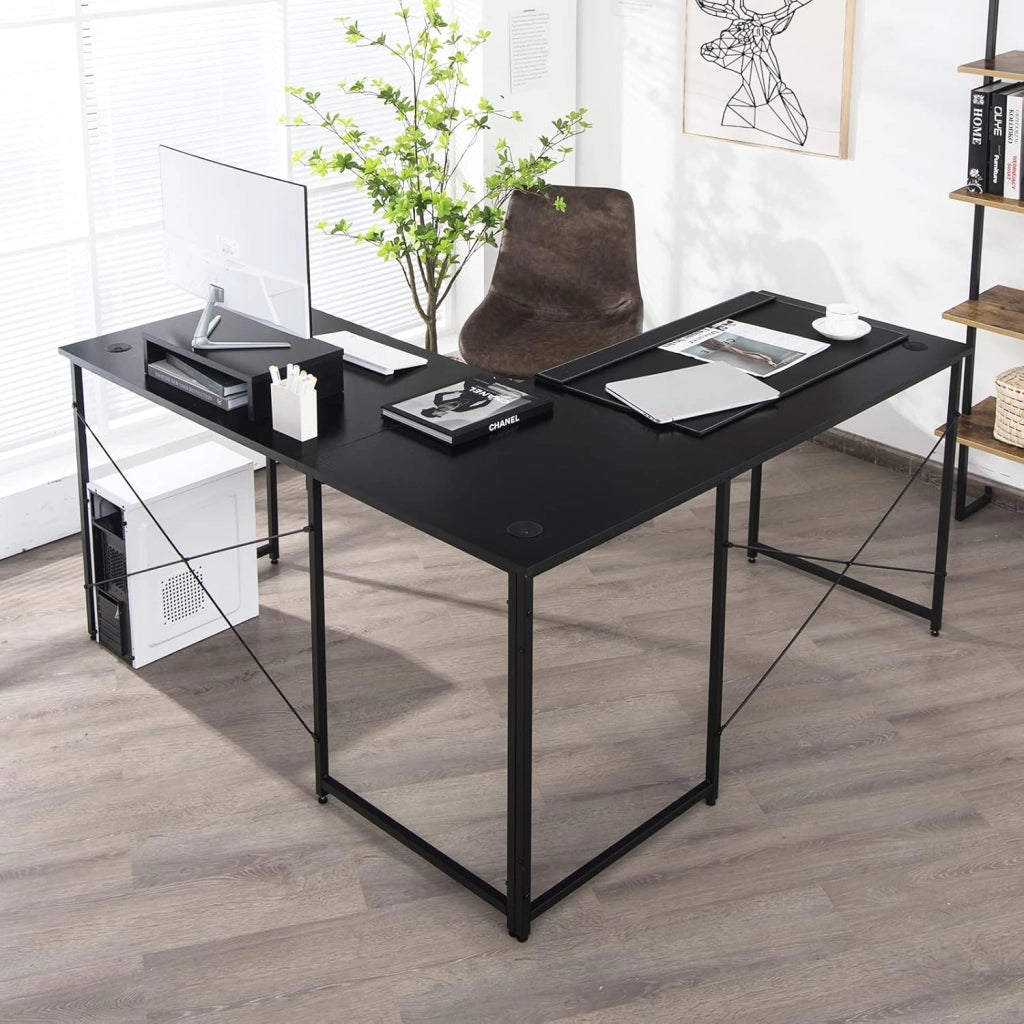 Scrivania Angolare per Computer con Supporto per Monitor, Scrivania Porta PC in Legno, Scrivania Salvaspazio e Moderna per Ufficio e Studio, 240 x 60 x 74 cm (Nero)