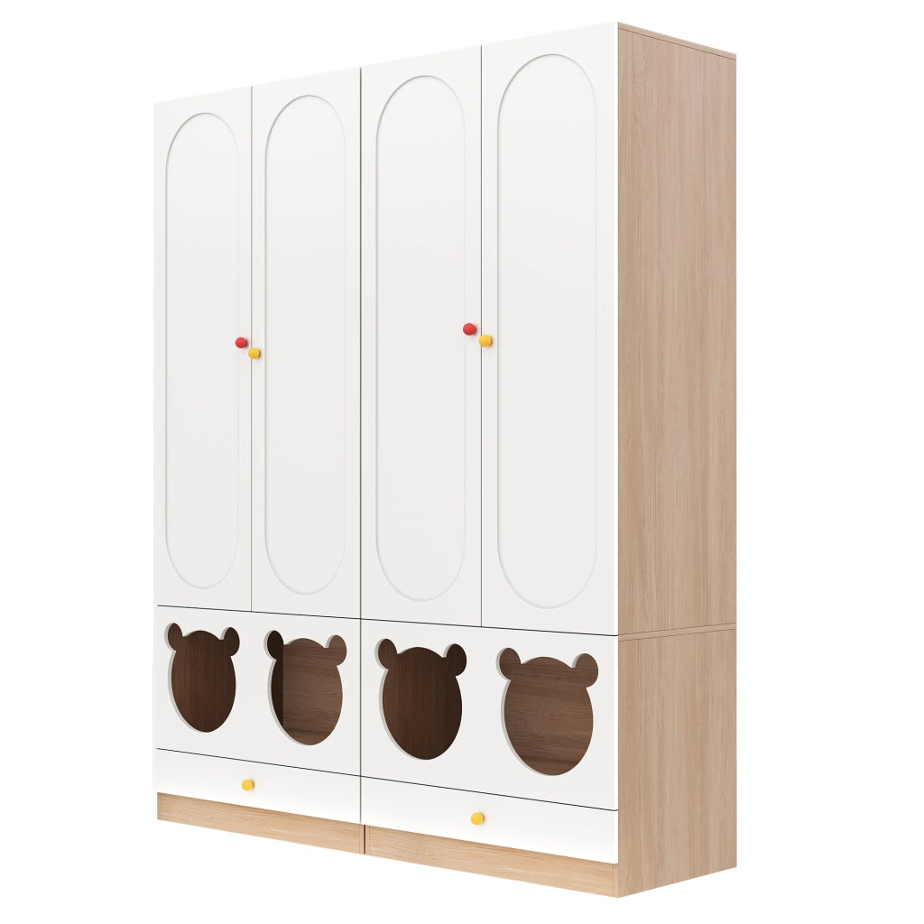 Armadio a 2 ante per bambini con barra appendiabiti e cassetti, 80 × 50 × 200 cm, bianco e effetto legno