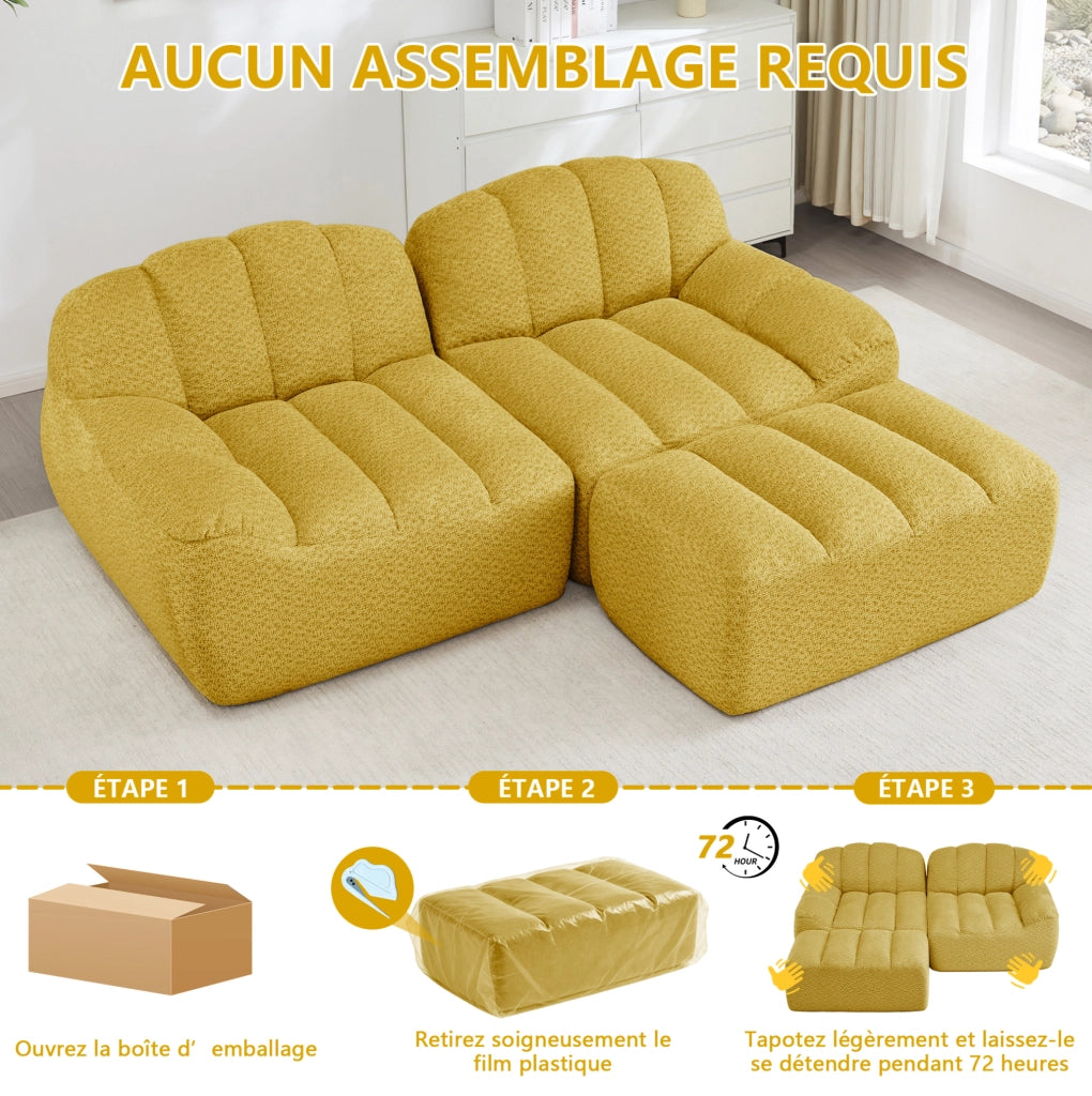 Divano modulare 2 posti senza struttura, design a conchiglia, cuscini profondi, colore giallo