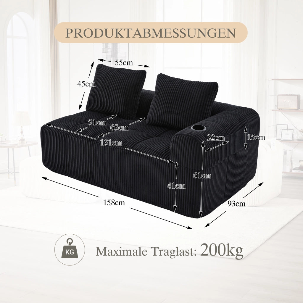 SOFA 2 posti 158x93x61 cm in corduroy nero