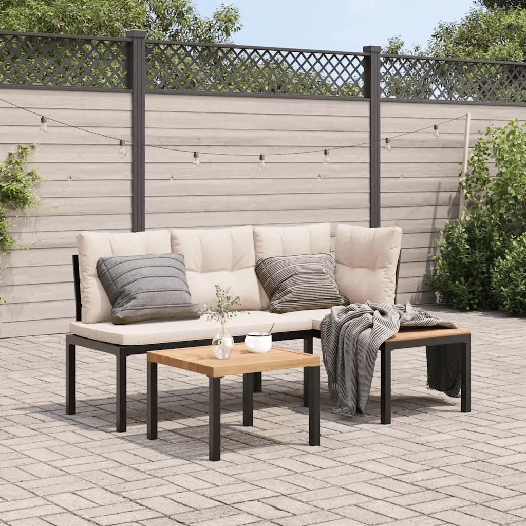 Set Panche Giardino | Panca da Giardino Cuscini 3 pz Nero Acciaio Verniciato Polvere