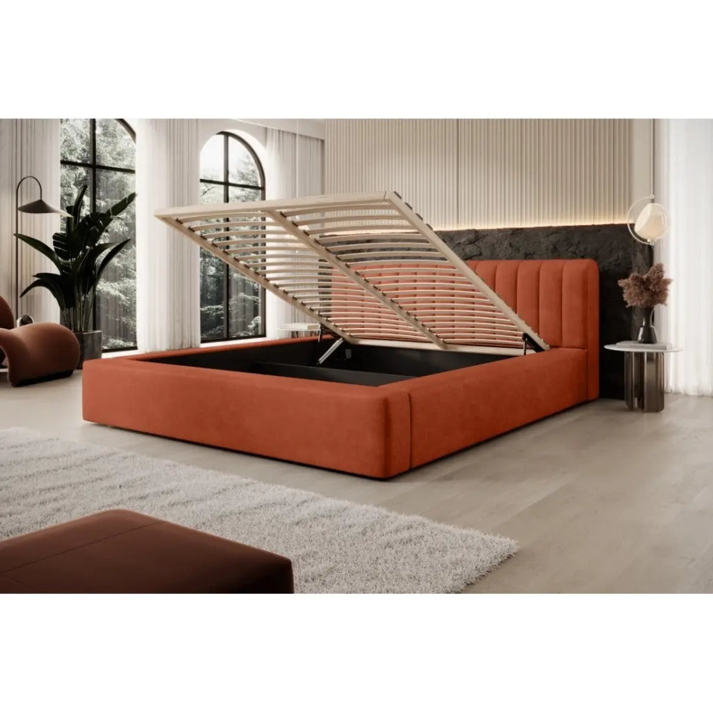 Letto contenitore CERVIN – Velluto morbido Mattone Toscano – 160x200 cm – Rete sollevabile – Design elegante