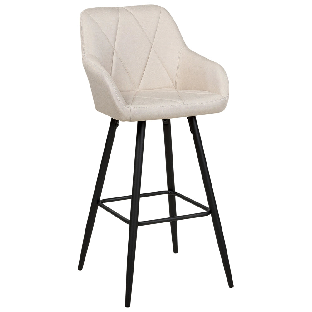 Set di 2 Sgabelli da Bar Rivestiti in Tessuto Beige con Braccioli Schienale Trapuntato Gambe in Metallo Nero
