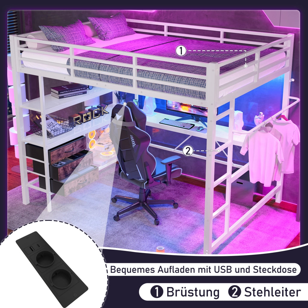 Letto a castello bianco con funzione scrivania illuminazione led in metallo 140x200 cm