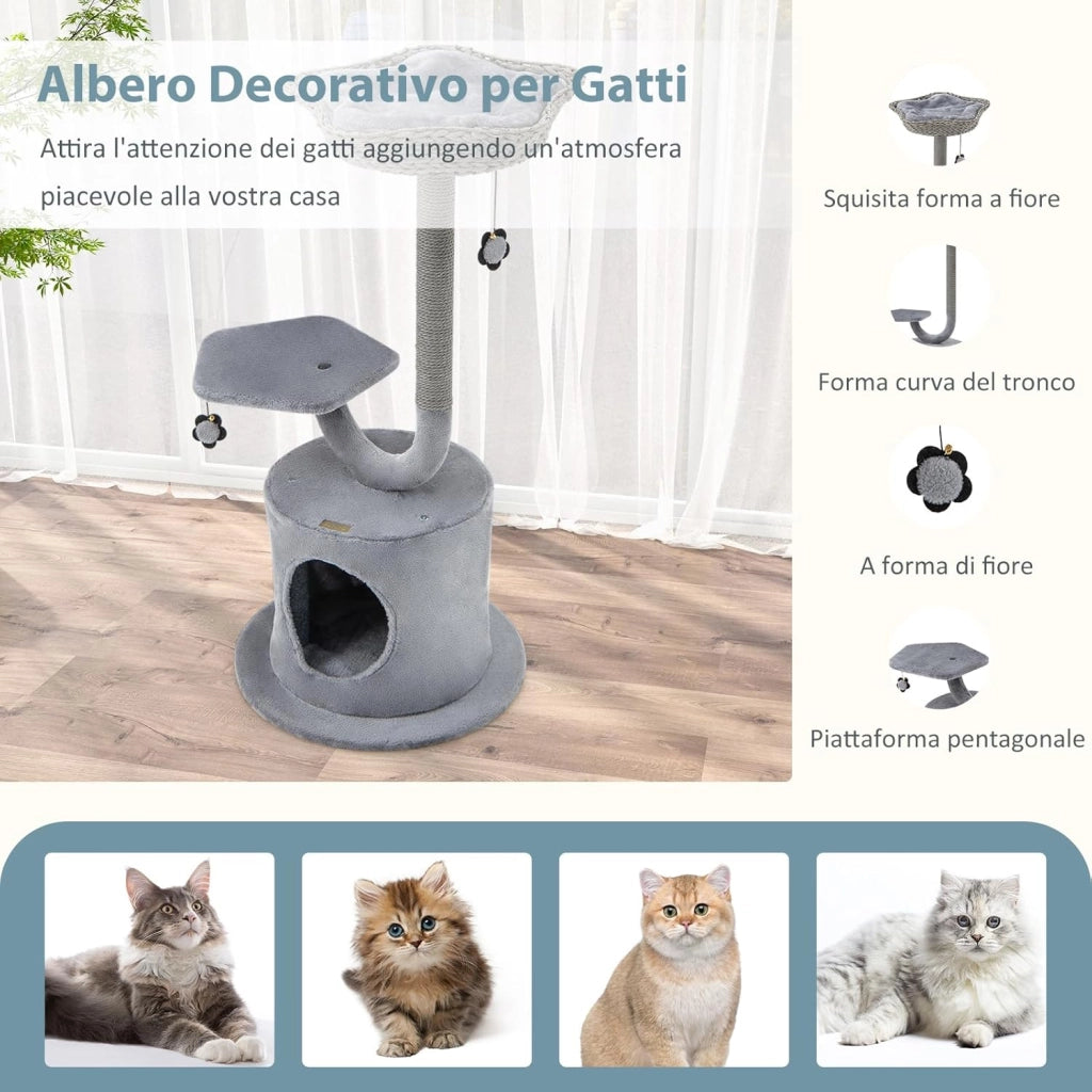 Albero per Gatti da Interno, Albero Tiragraffi per Gatti 106 cm con Telaio Curvo in Metallo, Torre per Gatti Multifunzionale a 3 Livelli con Palline