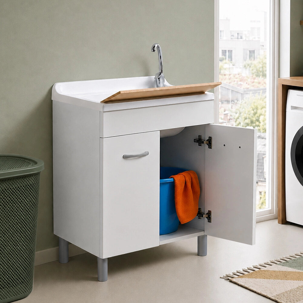 Mobile lavatoio 79x50 cm bianco opaco con ante e vasca incluso di asse di lavaggio e kit di scarico Medea
