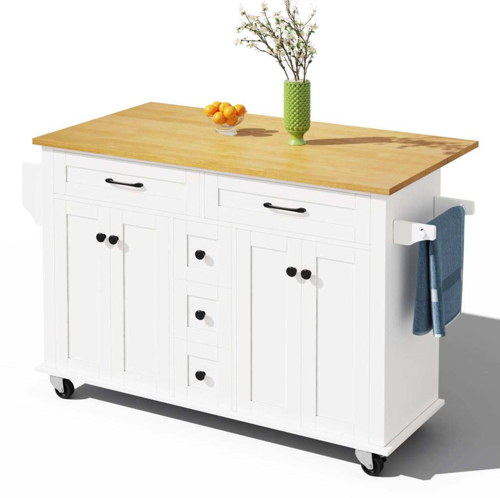 Carrello da cucina multifunzione con piano ribaltabile 140x40(65) cm in MDF bianco e naturale