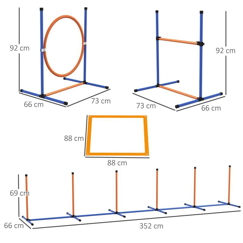 SET AGILITY DOG CON ANELLO E BARRA PER SALTO, PALETTI SLALOM, FISCHIETTO, PALLINE E BORSA, ARANCIONE