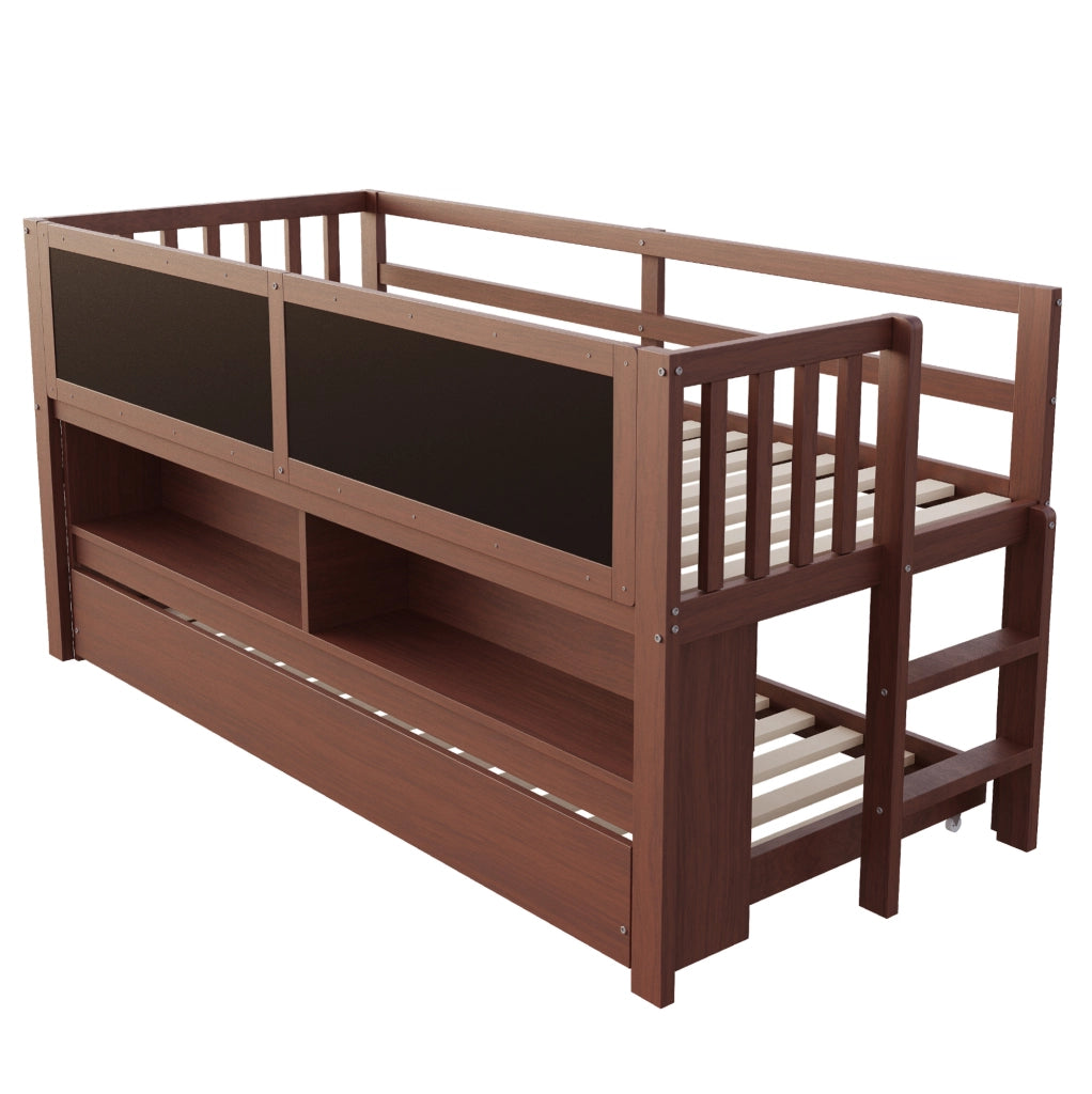 Letto per bambini 90x200 cm con letto estraibile; lavagna e ripiani aperti marrone