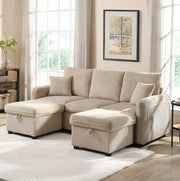 Divano modulare 3 posti con 2 pouf contenitore, funzione letto, cord beige