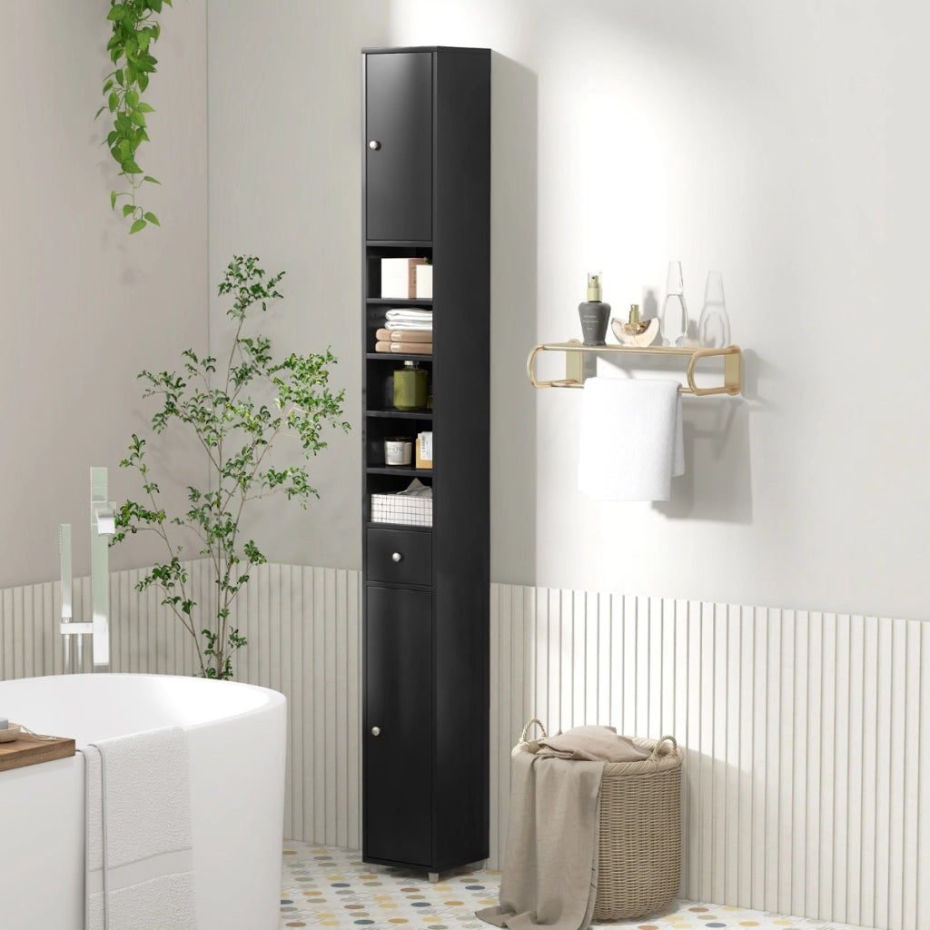 Mobile colonna da bagno con 2 ante 1 cassetto e 5 ripiani regolabili-Colonna bagno da terra salvaspazio Nero