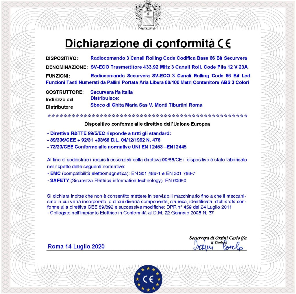Telecomando Radiocomando 3 Canali Frequenza 433,92 MHz Potenza 1 mW Portata Libera 60/100 MT Codice Sicurezza Securvera Rolling Code 66 Bit Batteria 12 V 23A Contenitore ABS Tre Colori Tasti Numerati