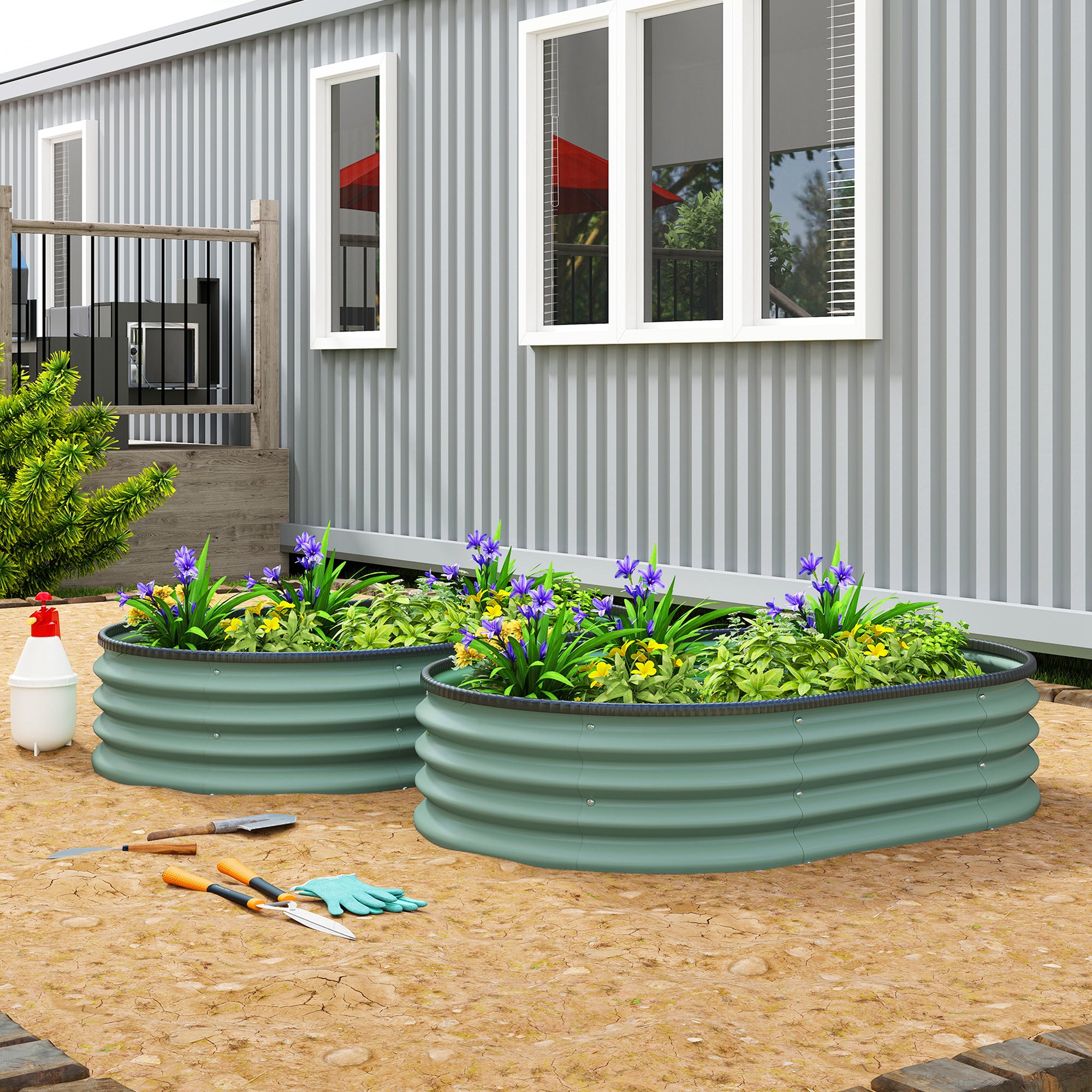 Set di 2 Aiuole Rialzate 135x90x30 cm con Bordo in Gomma e Design Modulare in Metallo Galvanizzato Verde